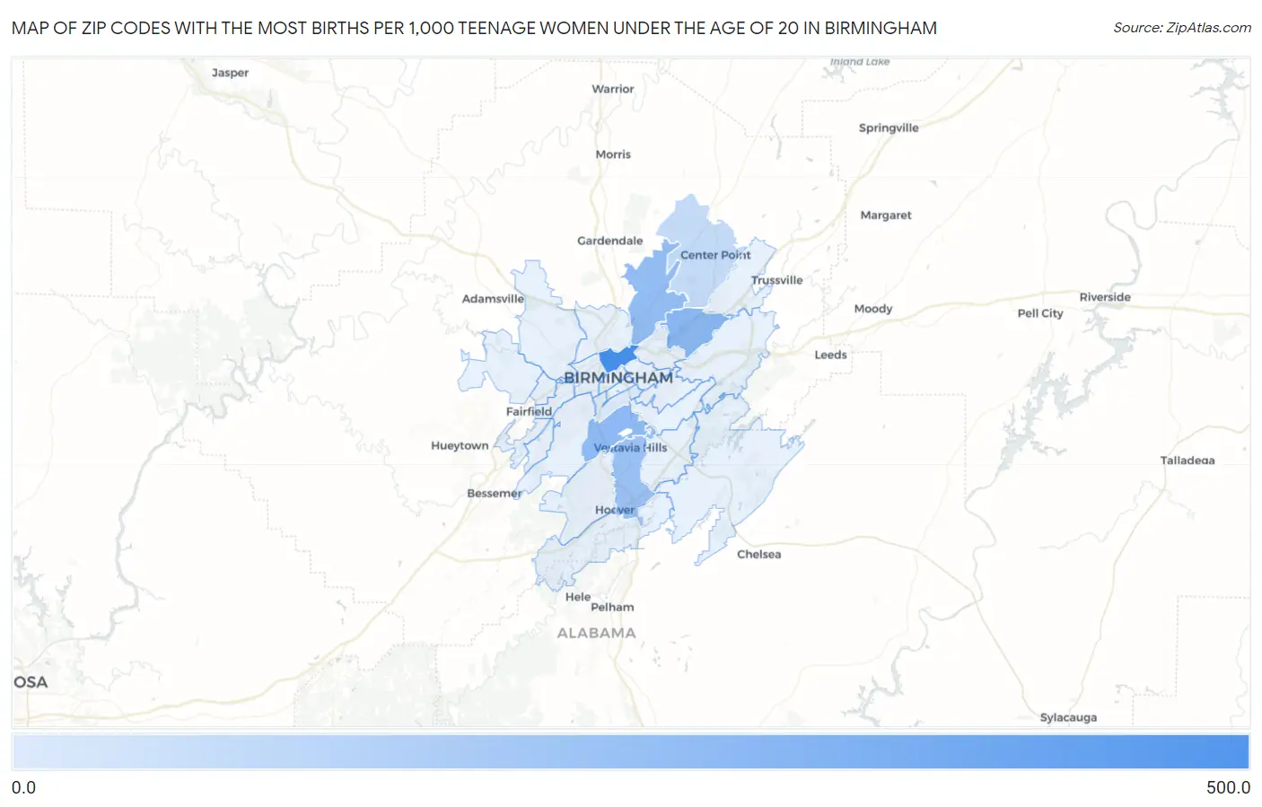 Zip Codes with the Most Births per 1,000 Teenage Women Under the Age of 20 in Birmingham Map