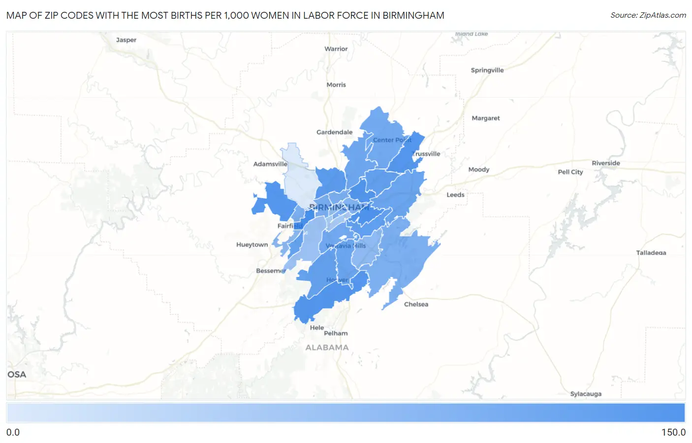 Zip Codes with the Most Births per 1,000 Women in Labor Force in Birmingham Map