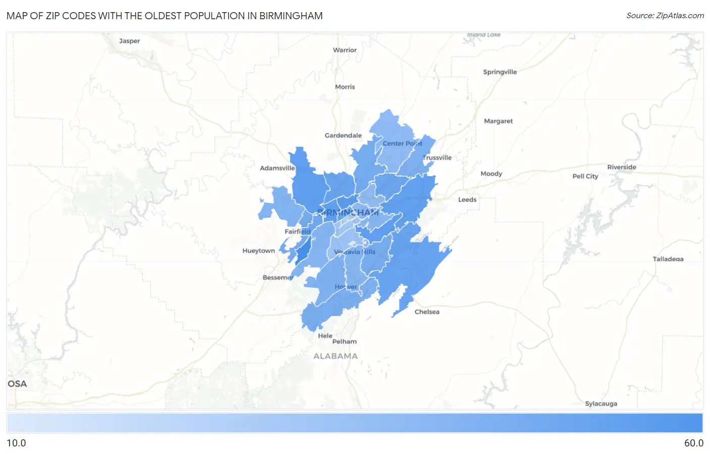 Zip Codes with the Oldest Population in Birmingham Map