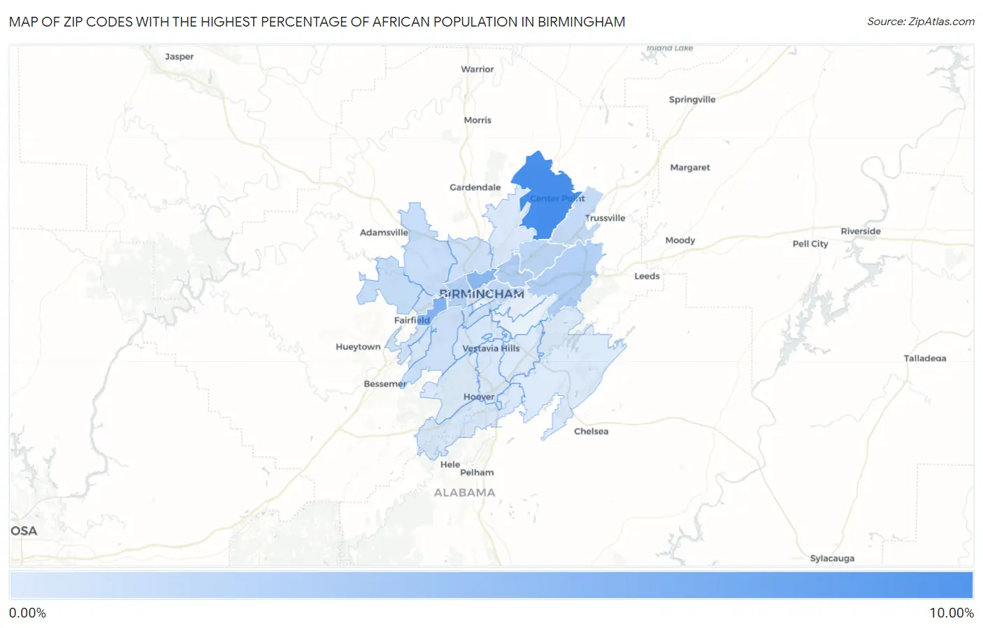 Zip Codes with the Highest Percentage of African Population in Birmingham Map