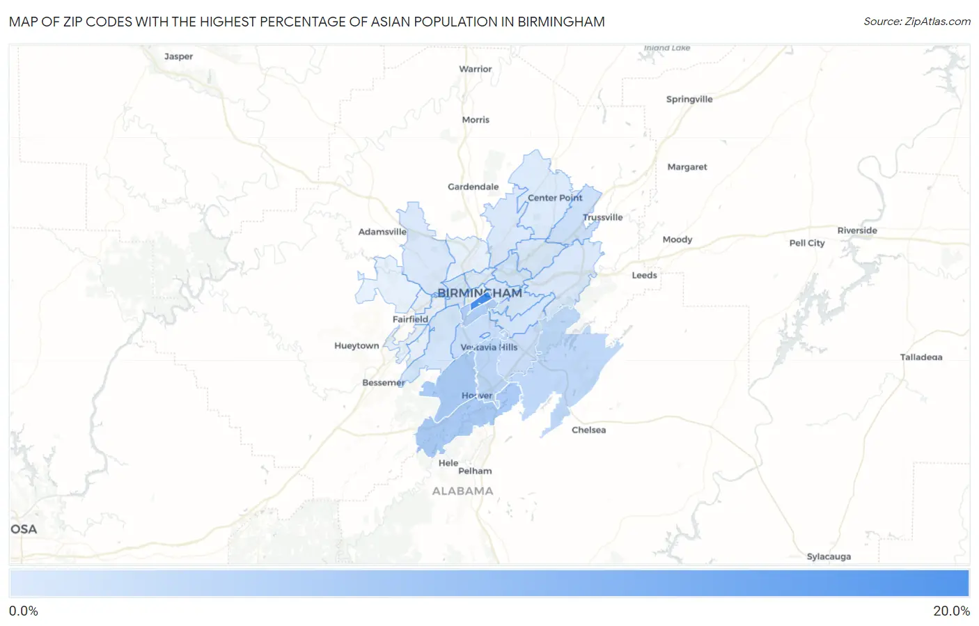 Zip Codes with the Highest Percentage of Asian Population in Birmingham Map