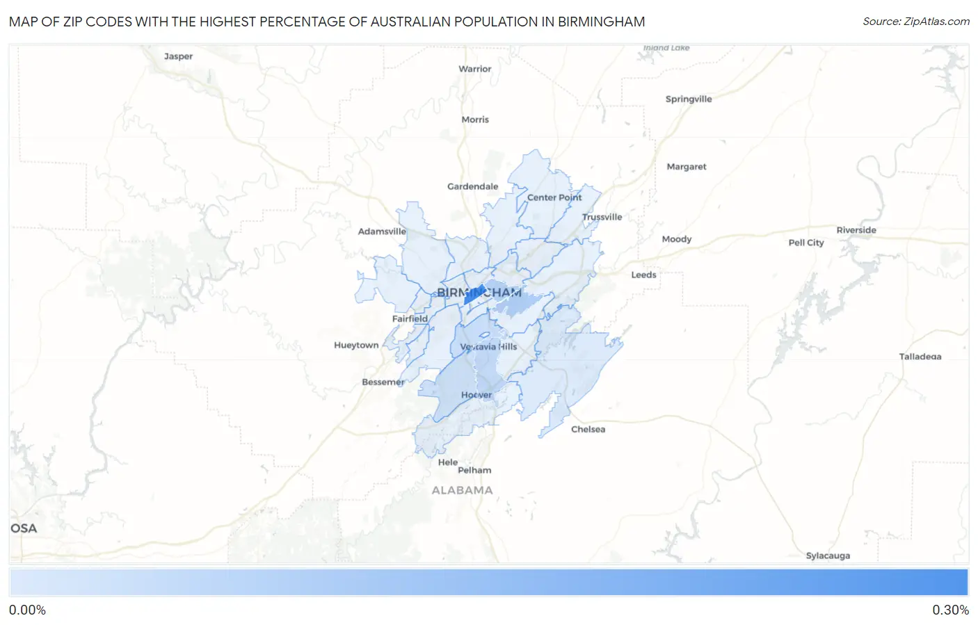 Zip Codes with the Highest Percentage of Australian Population in Birmingham Map