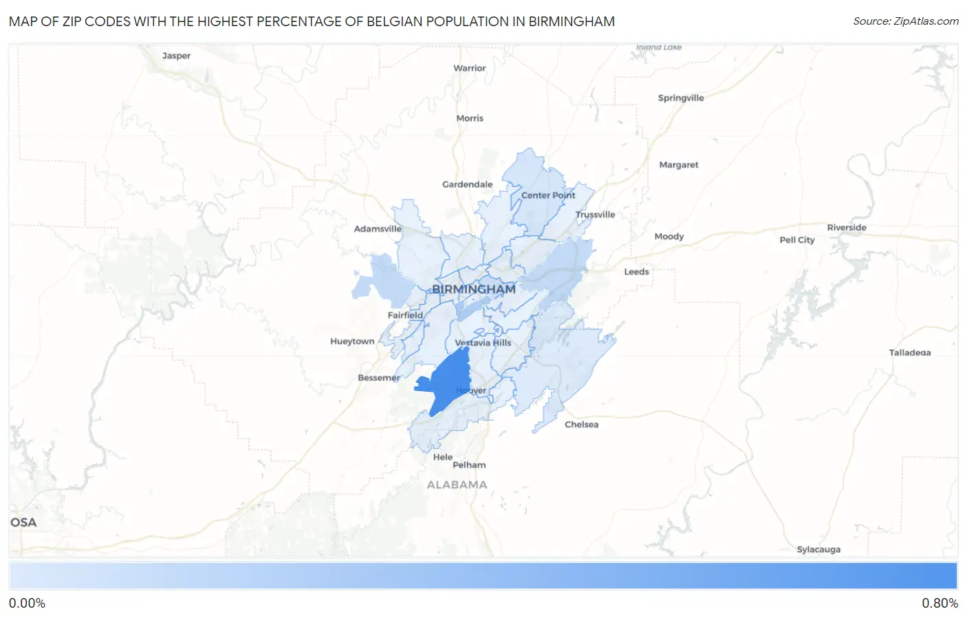 Zip Codes with the Highest Percentage of Belgian Population in Birmingham Map