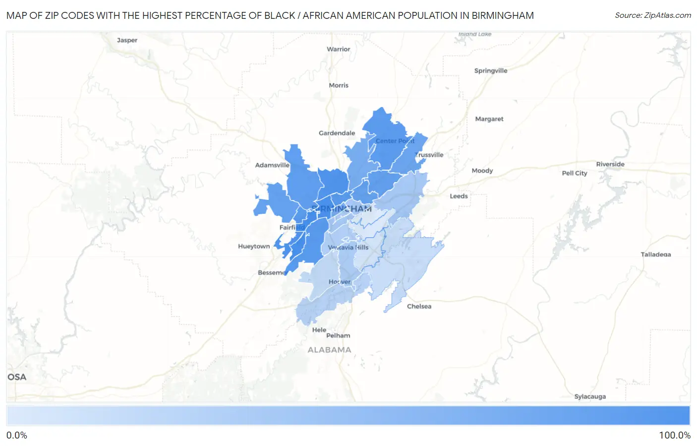 Zip Codes with the Highest Percentage of Black / African American Population in Birmingham Map