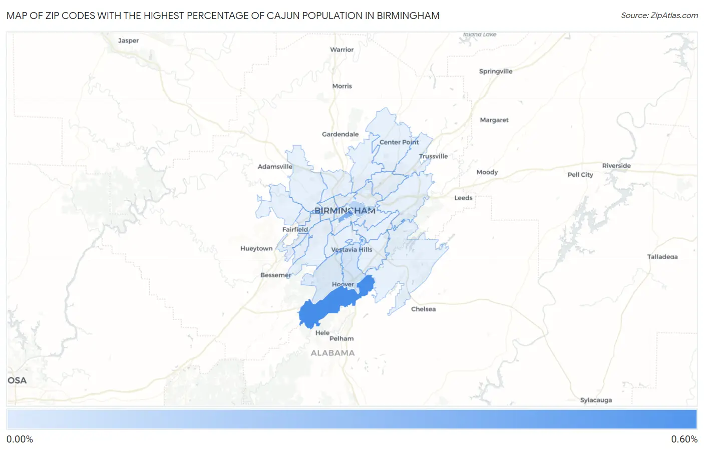 Zip Codes with the Highest Percentage of Cajun Population in Birmingham Map