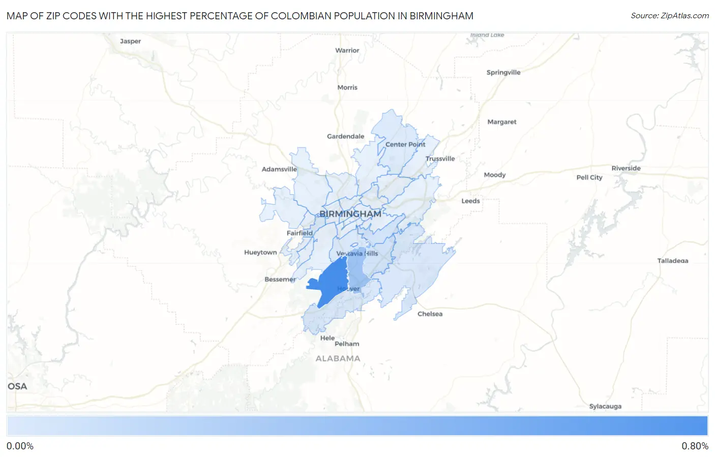 Zip Codes with the Highest Percentage of Colombian Population in Birmingham Map