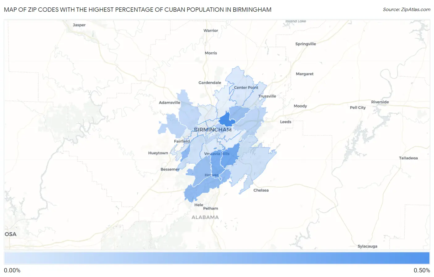 Zip Codes with the Highest Percentage of Cuban Population in Birmingham Map