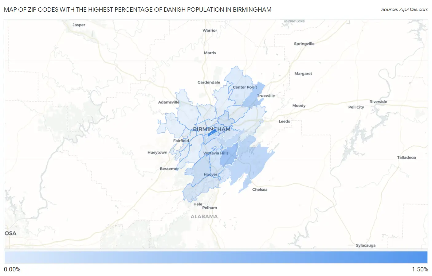 Zip Codes with the Highest Percentage of Danish Population in Birmingham Map