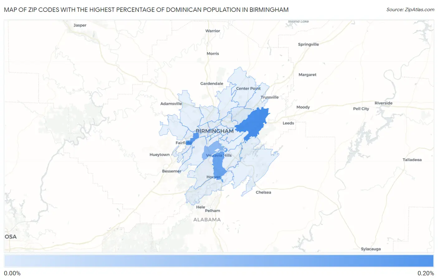Zip Codes with the Highest Percentage of Dominican Population in Birmingham Map