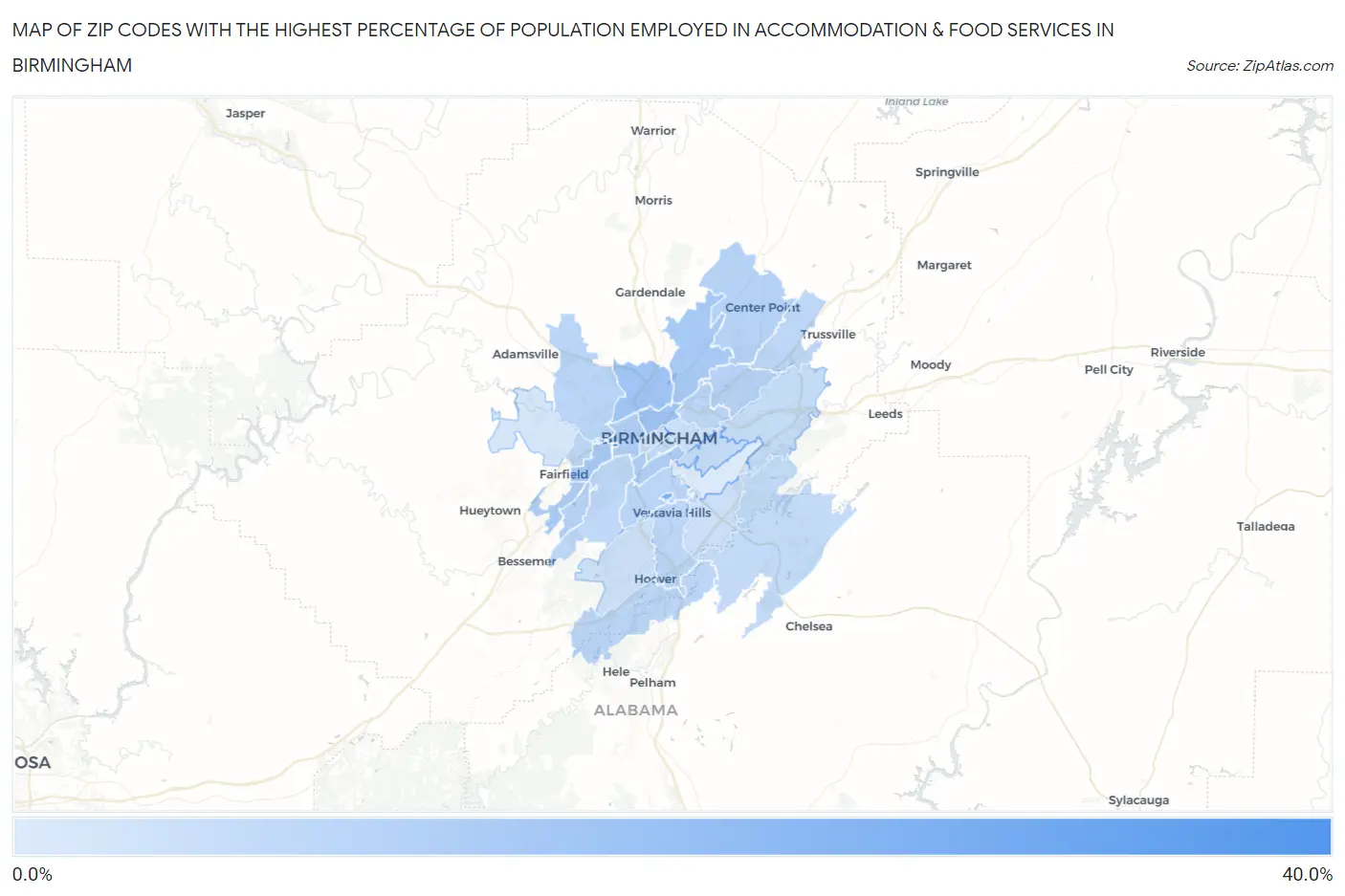 Zip Codes with the Highest Percentage of Population Employed in Accommodation & Food Services in Birmingham Map