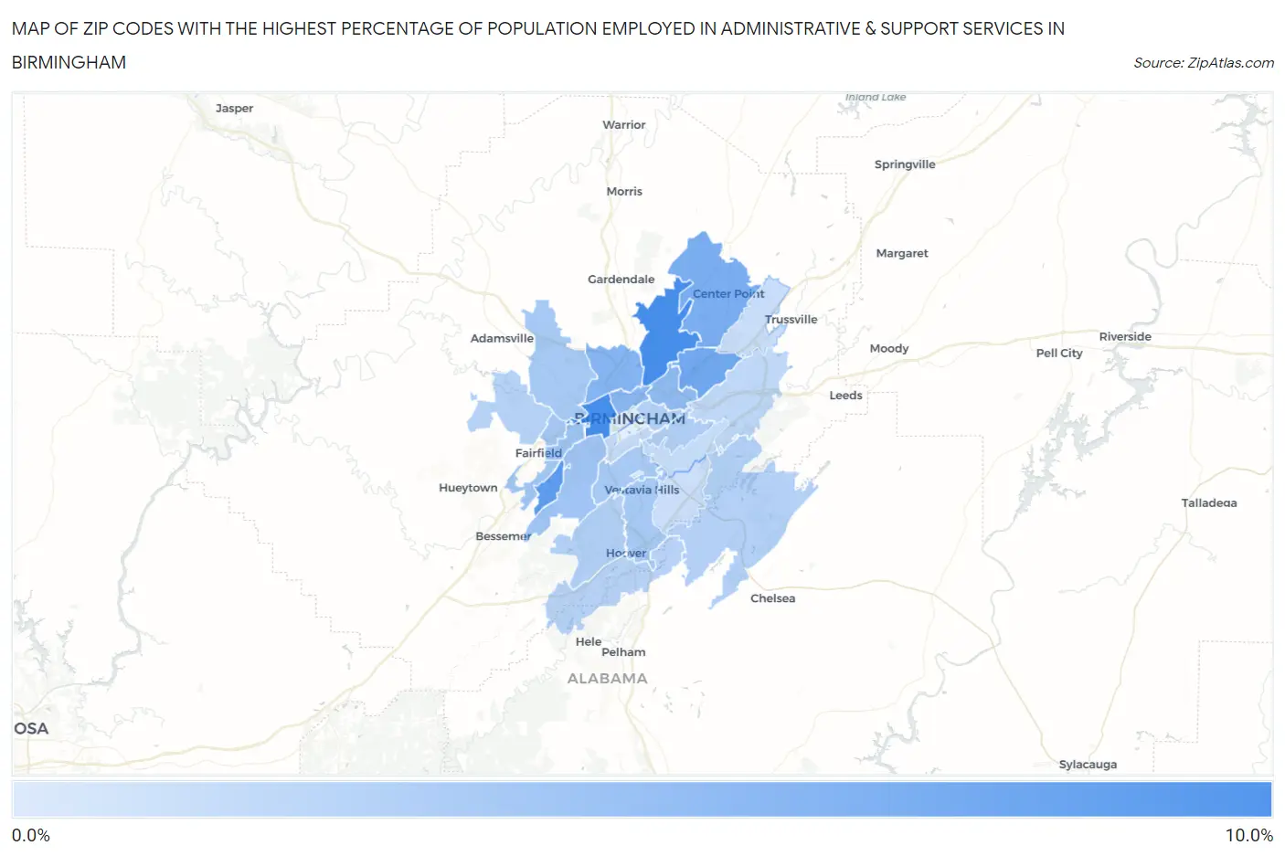 Zip Codes with the Highest Percentage of Population Employed in Administrative & Support Services in Birmingham Map