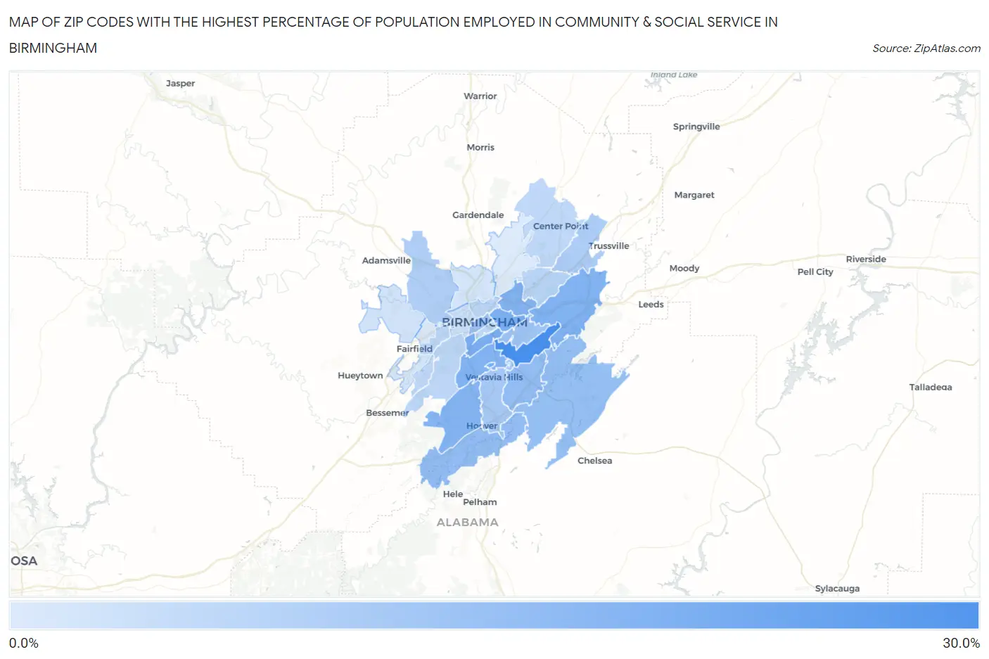 Zip Codes with the Highest Percentage of Population Employed in Community & Social Service  in Birmingham Map