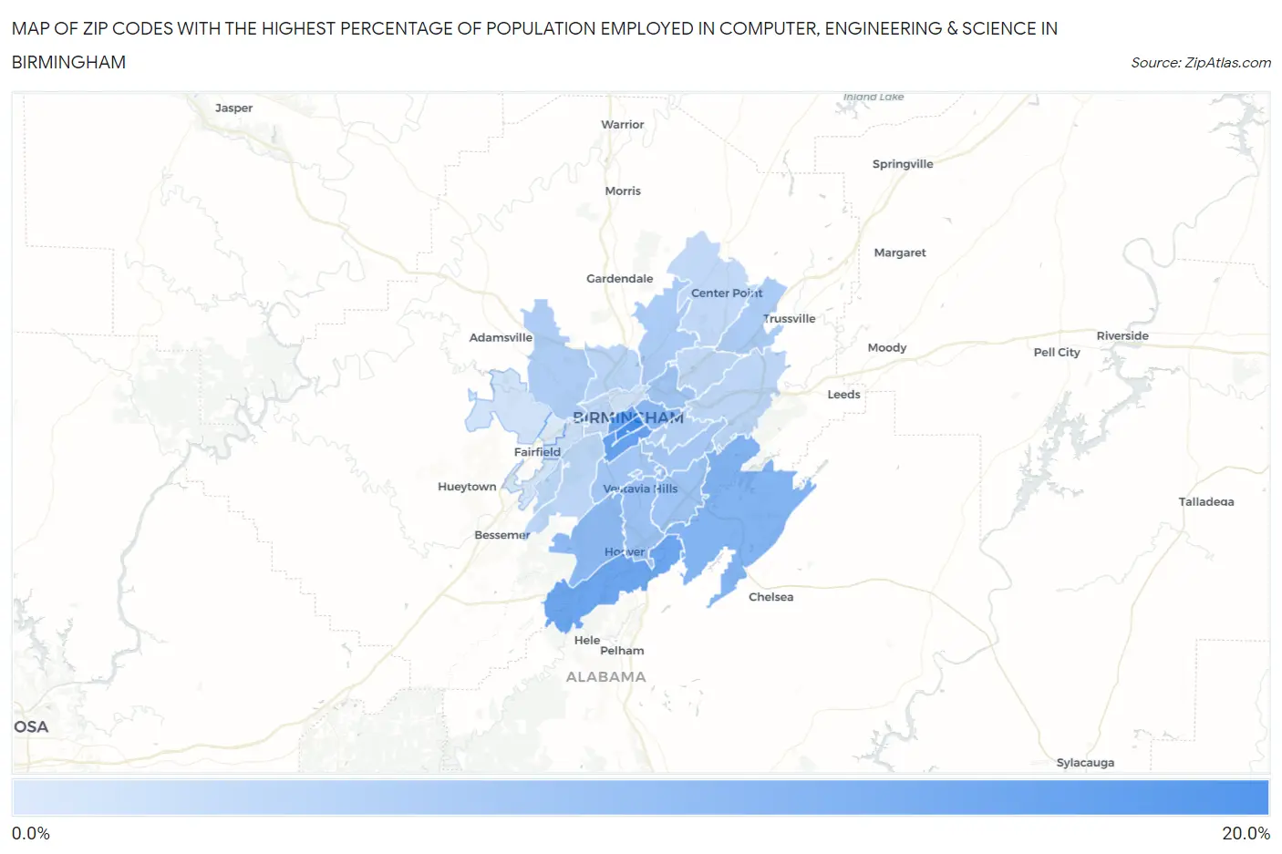Zip Codes with the Highest Percentage of Population Employed in Computer, Engineering & Science in Birmingham Map