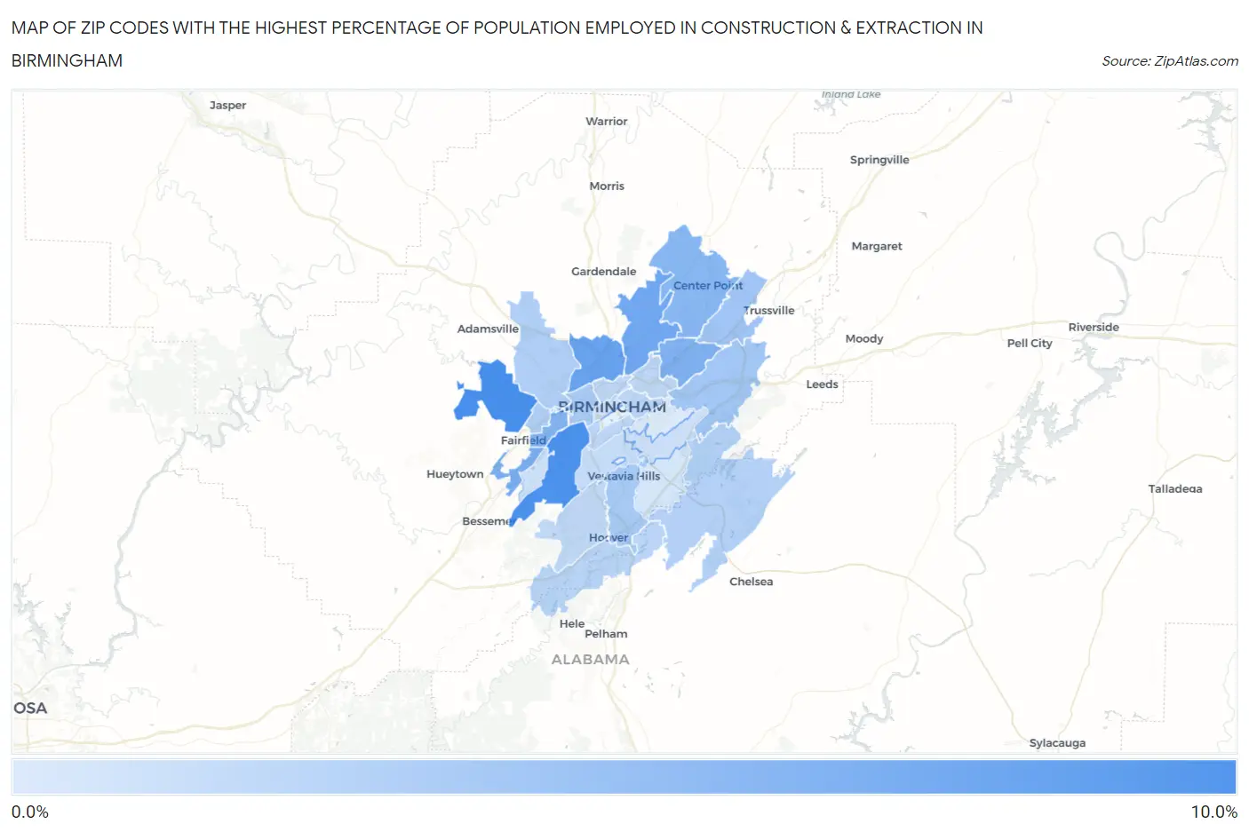 Zip Codes with the Highest Percentage of Population Employed in Construction & Extraction in Birmingham Map