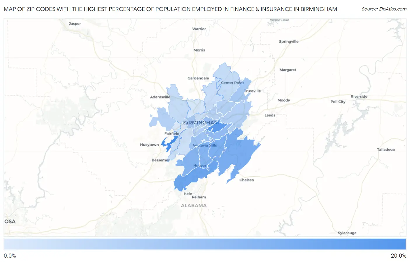Zip Codes with the Highest Percentage of Population Employed in Finance & Insurance in Birmingham Map