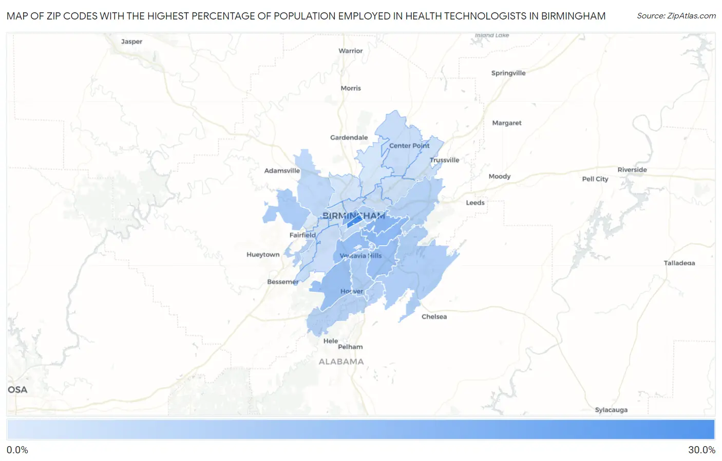 Zip Codes with the Highest Percentage of Population Employed in Health Technologists in Birmingham Map