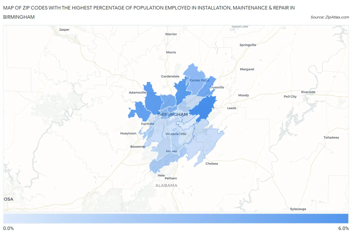 Zip Codes with the Highest Percentage of Population Employed in Installation, Maintenance & Repair in Birmingham Map