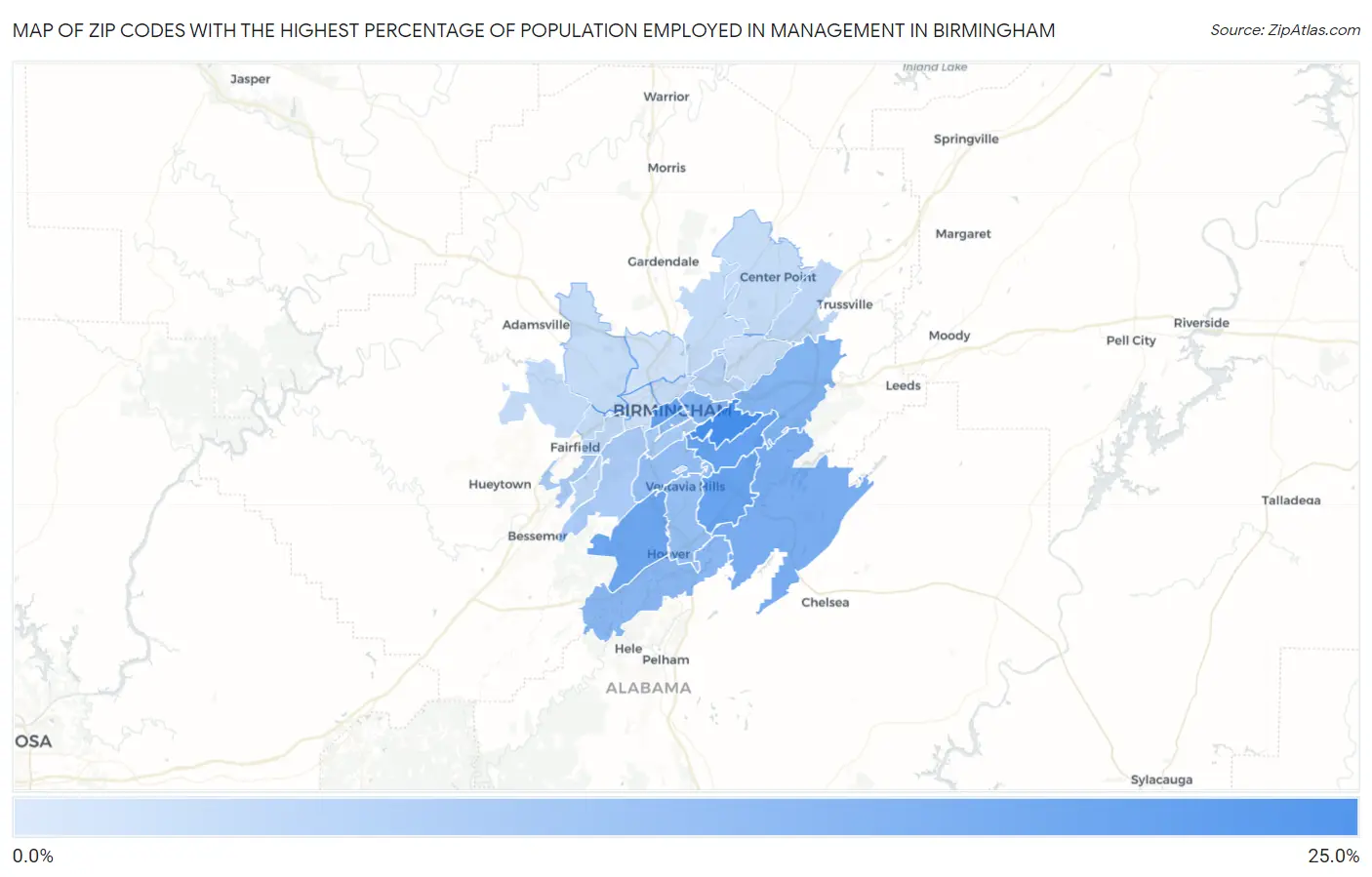 Zip Codes with the Highest Percentage of Population Employed in Management in Birmingham Map