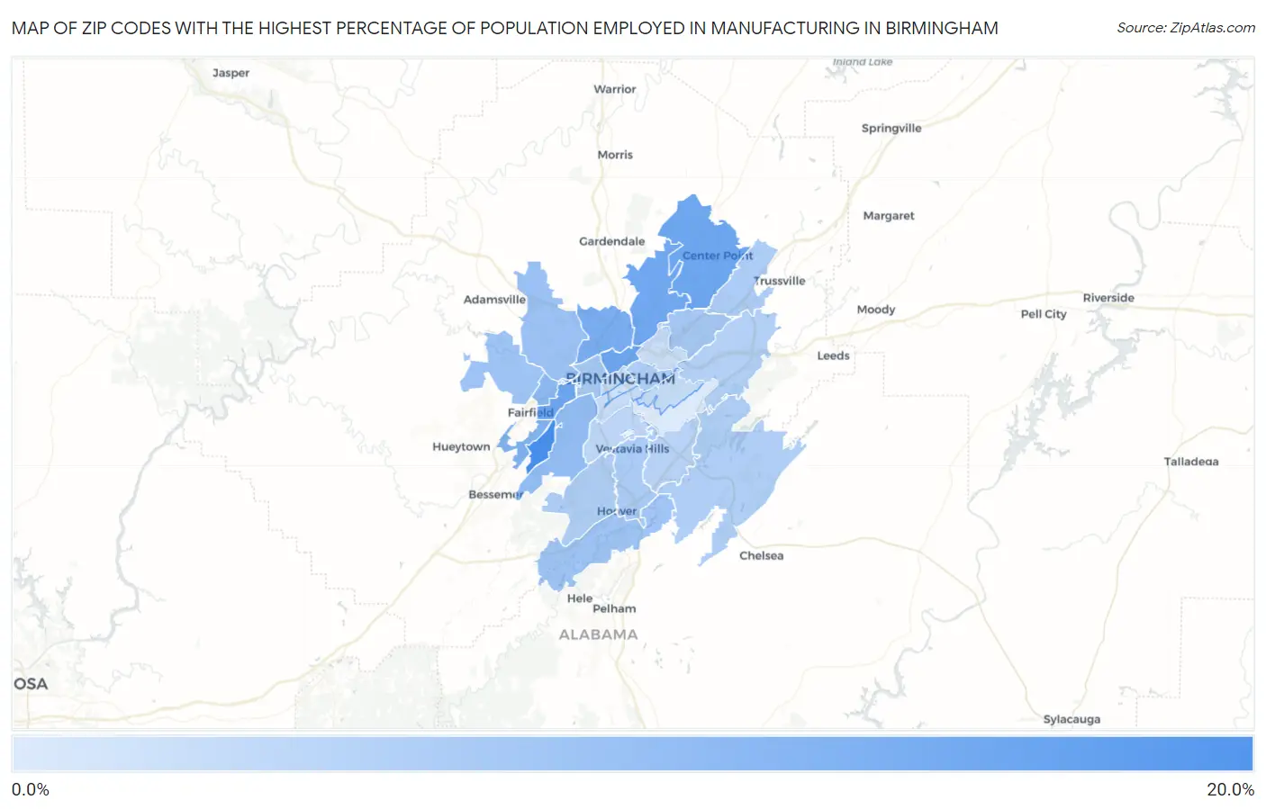Zip Codes with the Highest Percentage of Population Employed in Manufacturing in Birmingham Map