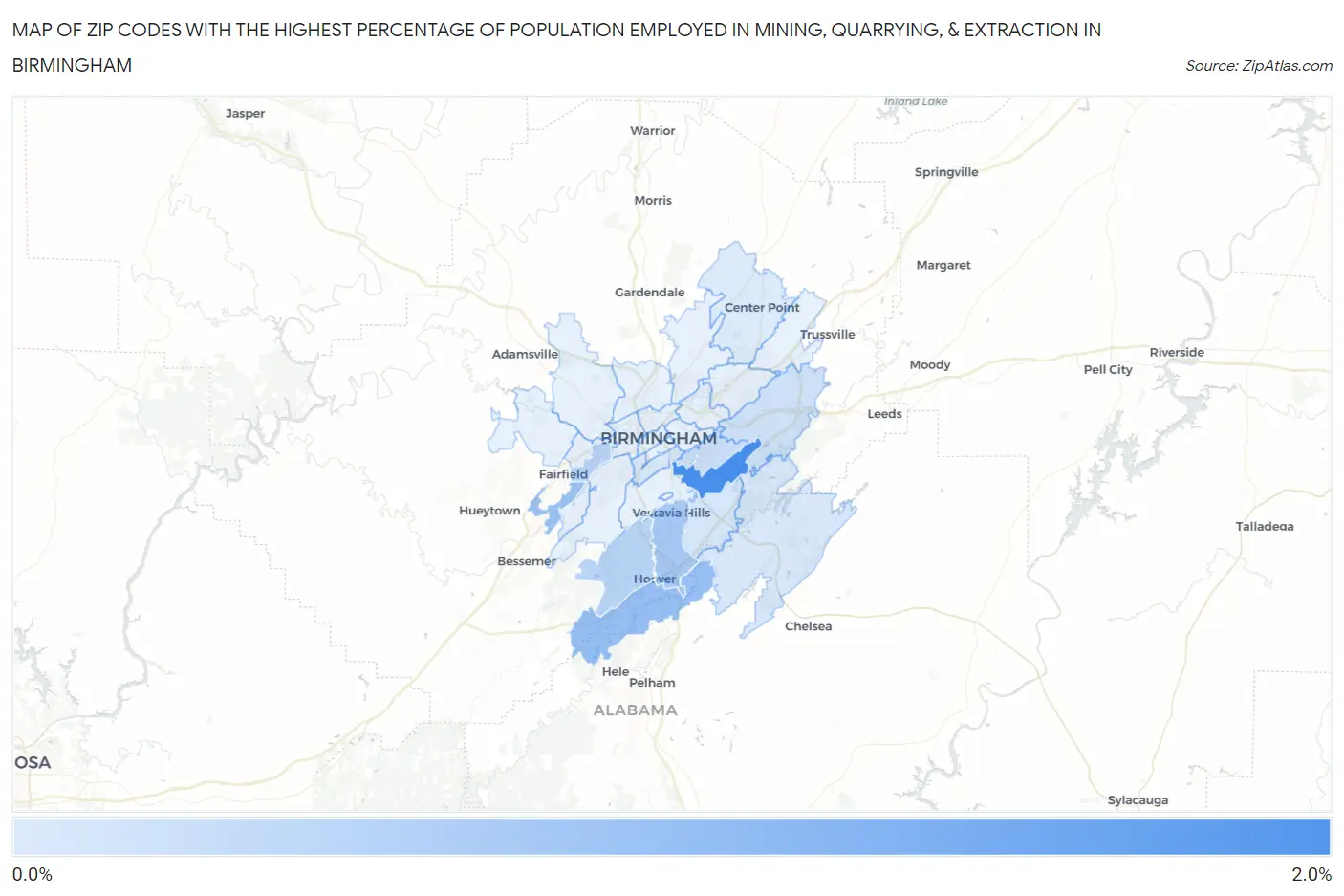 Zip Codes with the Highest Percentage of Population Employed in Mining, Quarrying, & Extraction in Birmingham Map