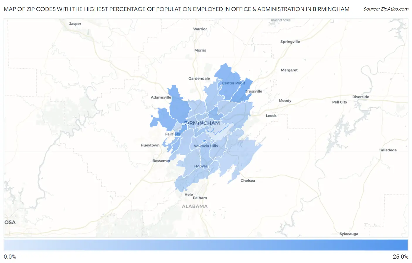 Zip Codes with the Highest Percentage of Population Employed in Office & Administration in Birmingham Map