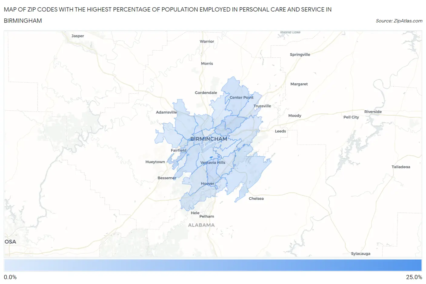 Zip Codes with the Highest Percentage of Population Employed in Personal Care and Service in Birmingham Map