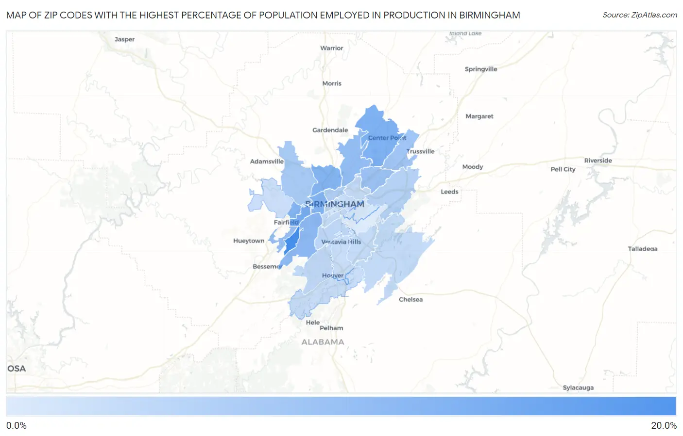 Zip Codes with the Highest Percentage of Population Employed in Production in Birmingham Map