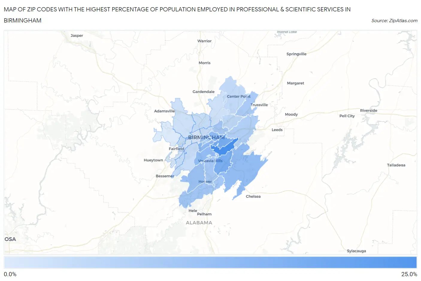 Zip Codes with the Highest Percentage of Population Employed in Professional & Scientific Services in Birmingham Map