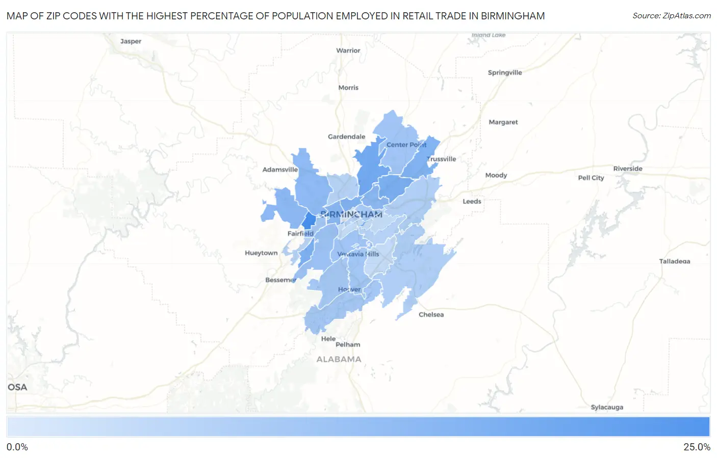 Zip Codes with the Highest Percentage of Population Employed in Retail Trade in Birmingham Map