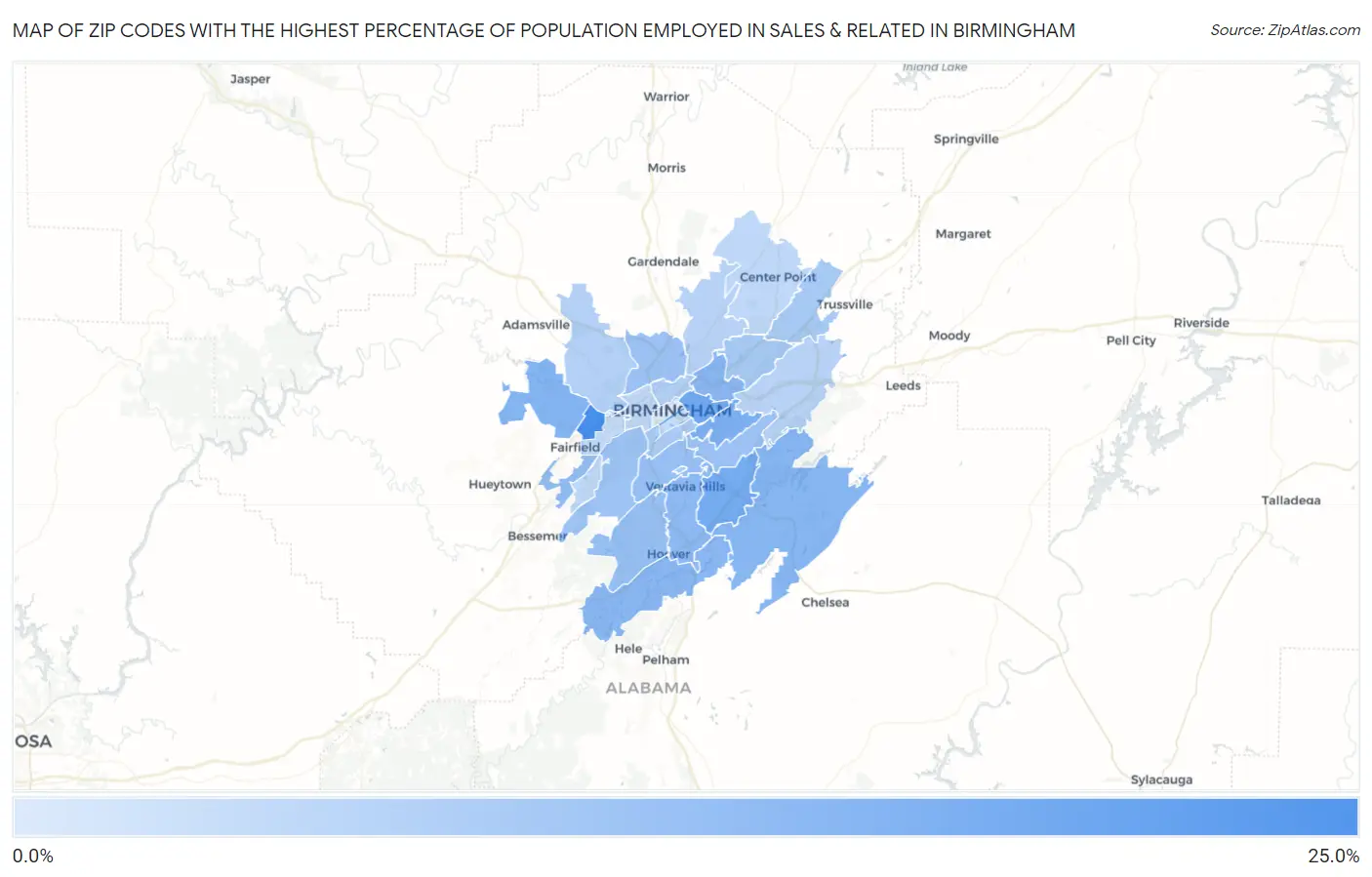 Zip Codes with the Highest Percentage of Population Employed in Sales & Related in Birmingham Map