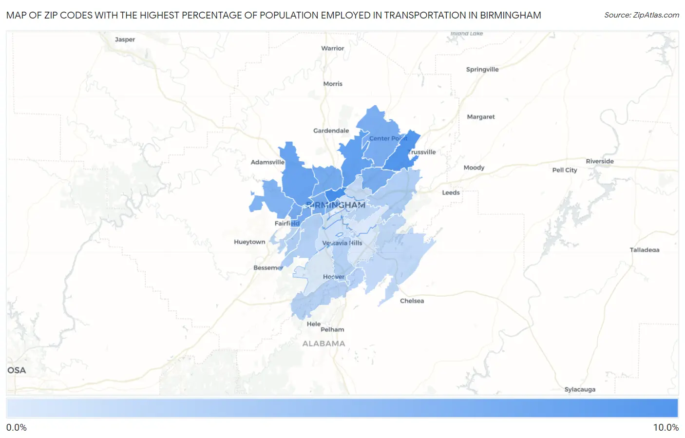 Zip Codes with the Highest Percentage of Population Employed in Transportation in Birmingham Map