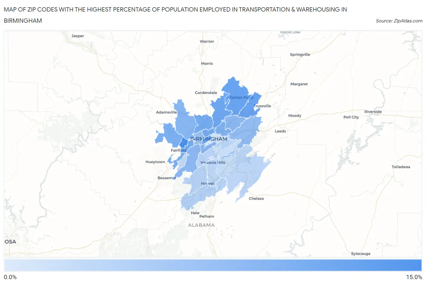 Zip Codes with the Highest Percentage of Population Employed in Transportation & Warehousing in Birmingham Map
