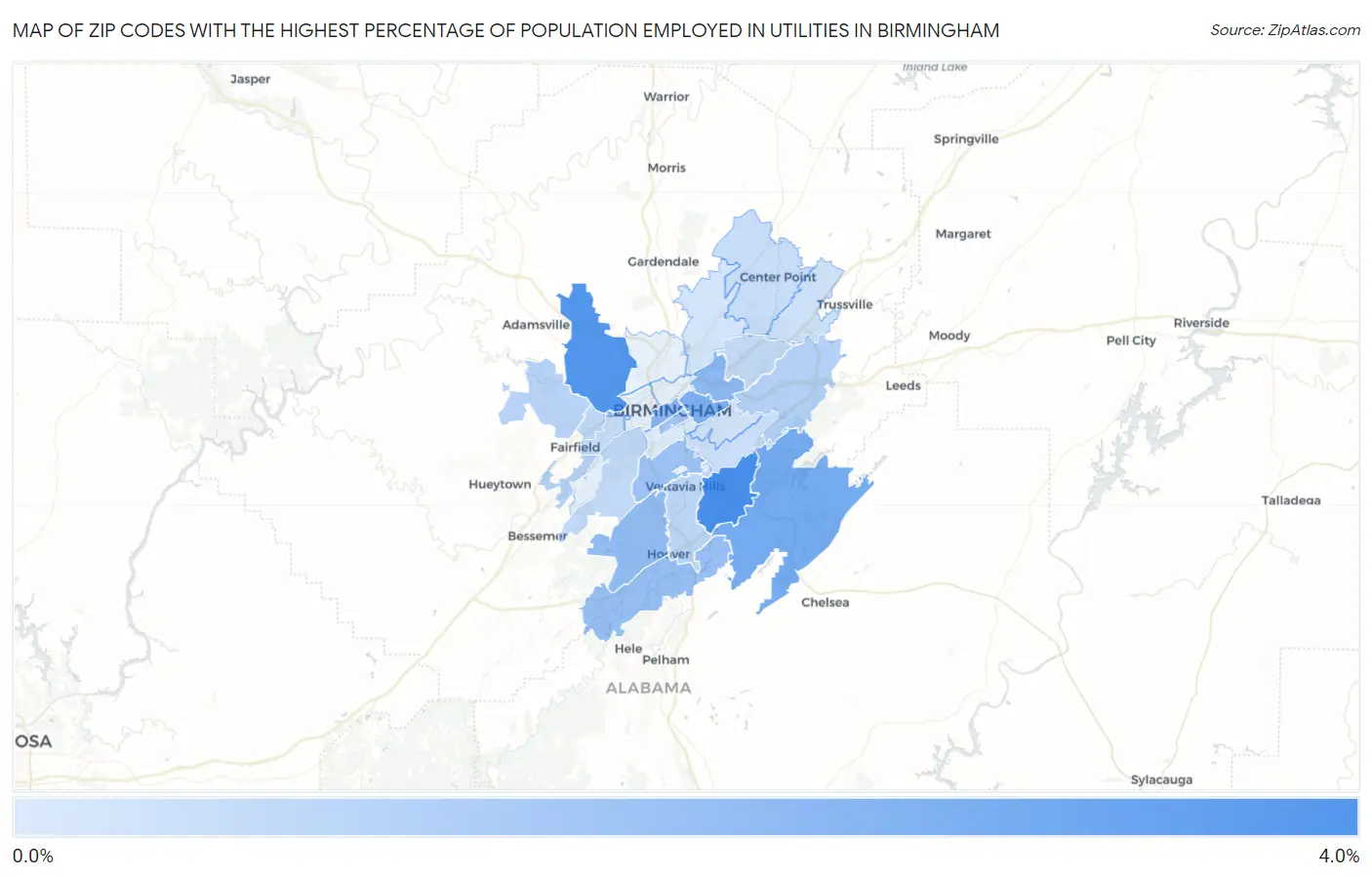 Zip Codes with the Highest Percentage of Population Employed in Utilities in Birmingham Map