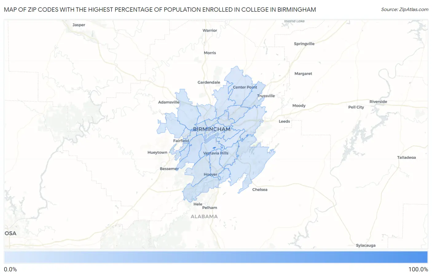 Zip Codes with the Highest Percentage of Population Enrolled in College in Birmingham Map
