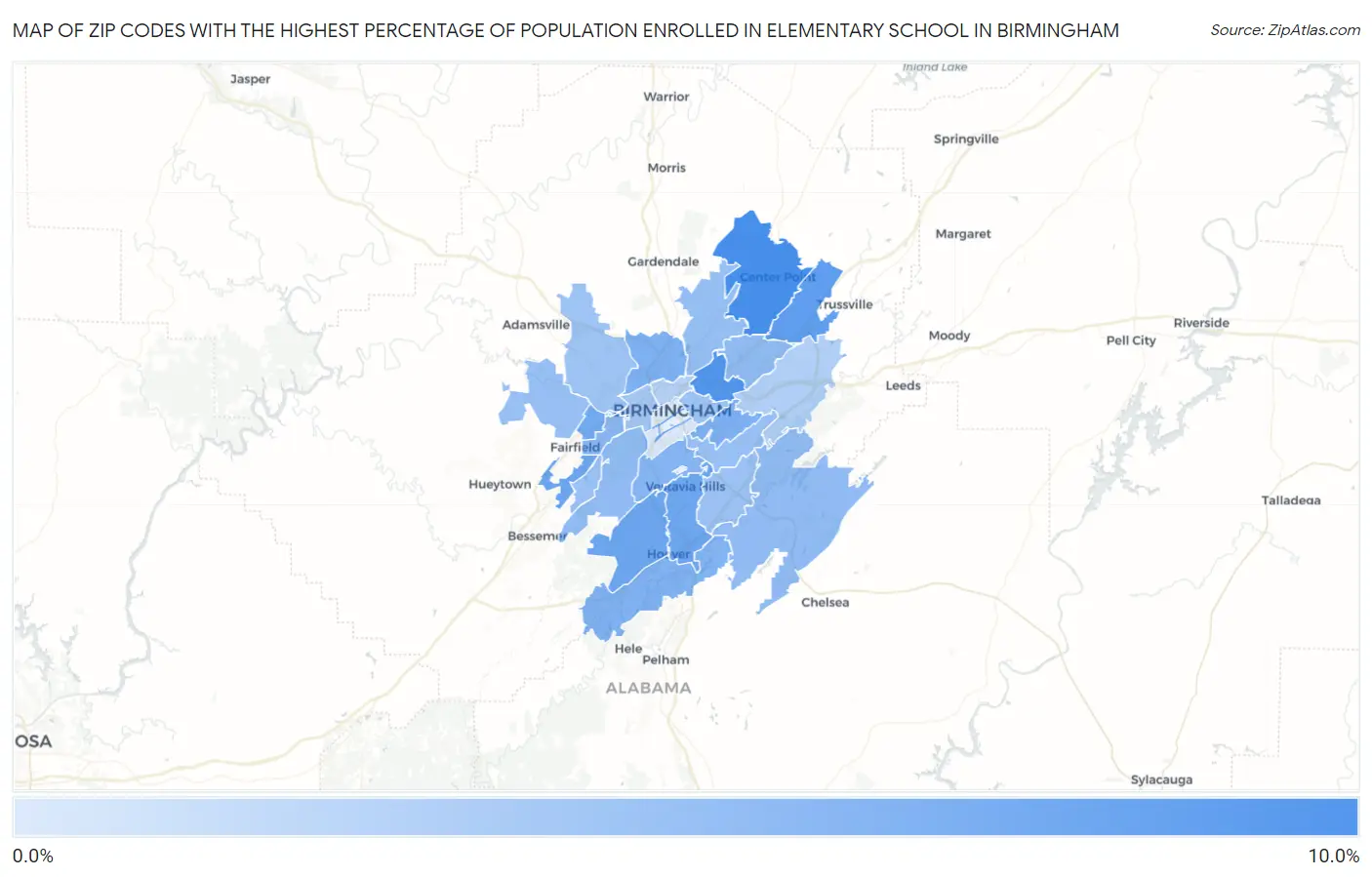 Zip Codes with the Highest Percentage of Population Enrolled in Elementary School in Birmingham Map
