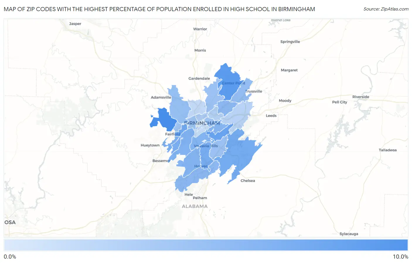 Zip Codes with the Highest Percentage of Population Enrolled in High School in Birmingham Map