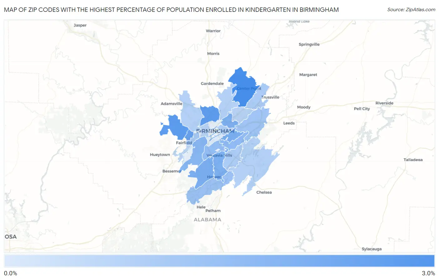 Zip Codes with the Highest Percentage of Population Enrolled in Kindergarten in Birmingham Map