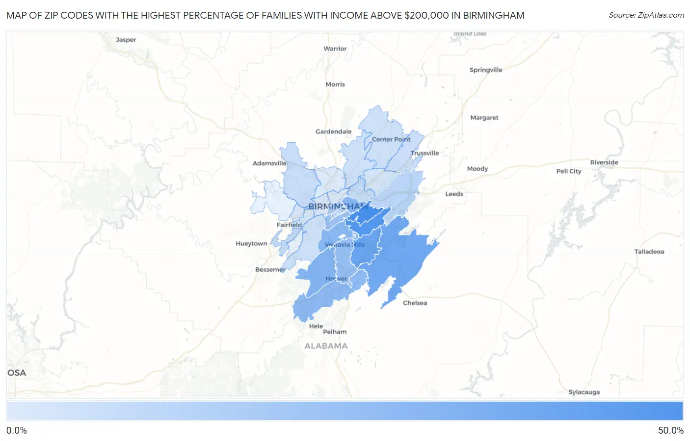 Zip Codes with the Highest Percentage of Families with Income Above $200,000 in Birmingham Map