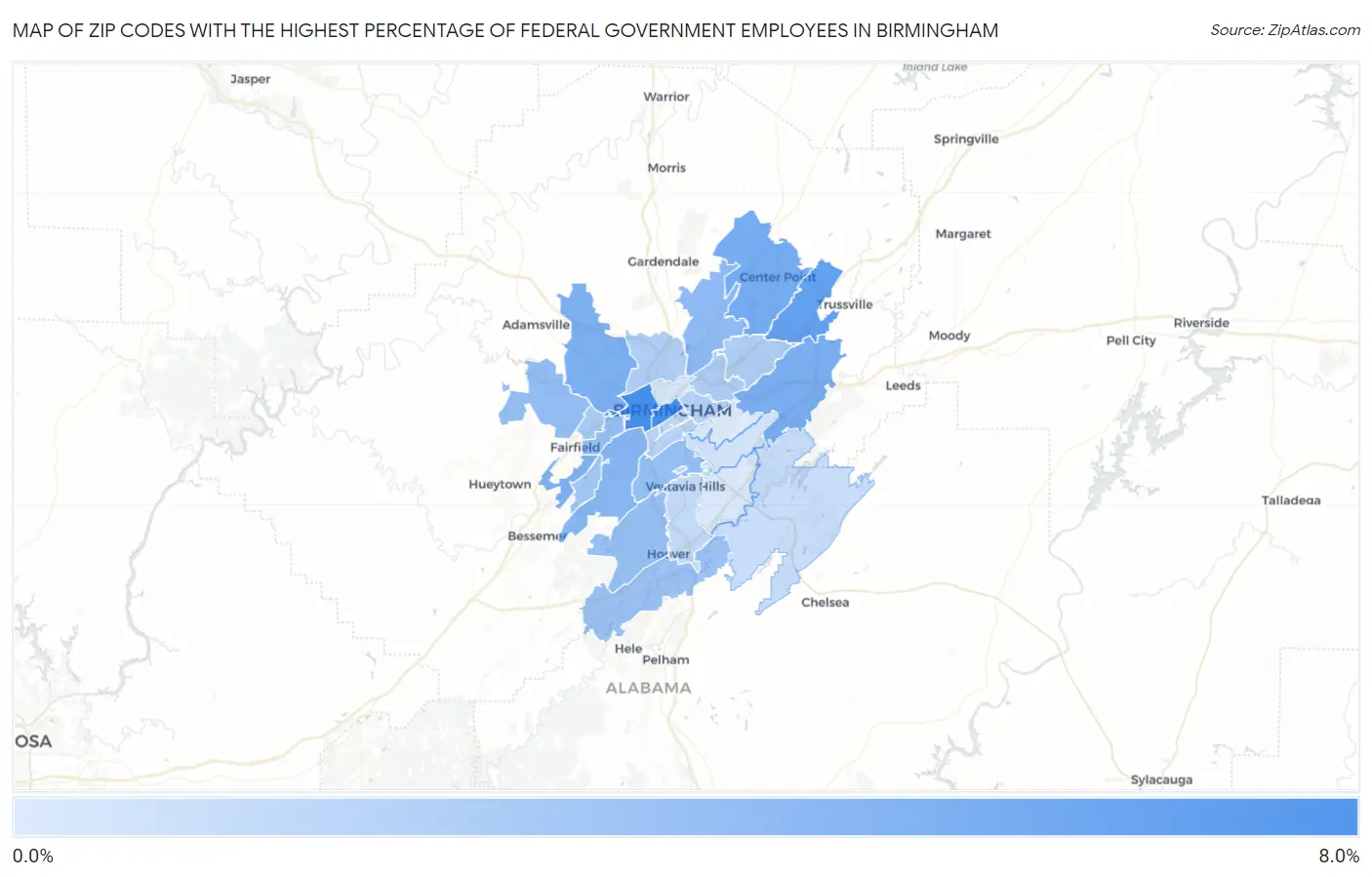 Zip Codes with the Highest Percentage of Federal Government Employees in Birmingham Map