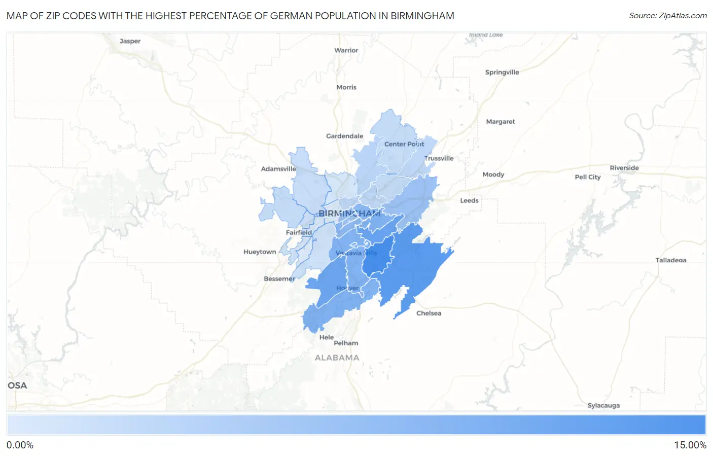 Zip Codes with the Highest Percentage of German Population in Birmingham Map