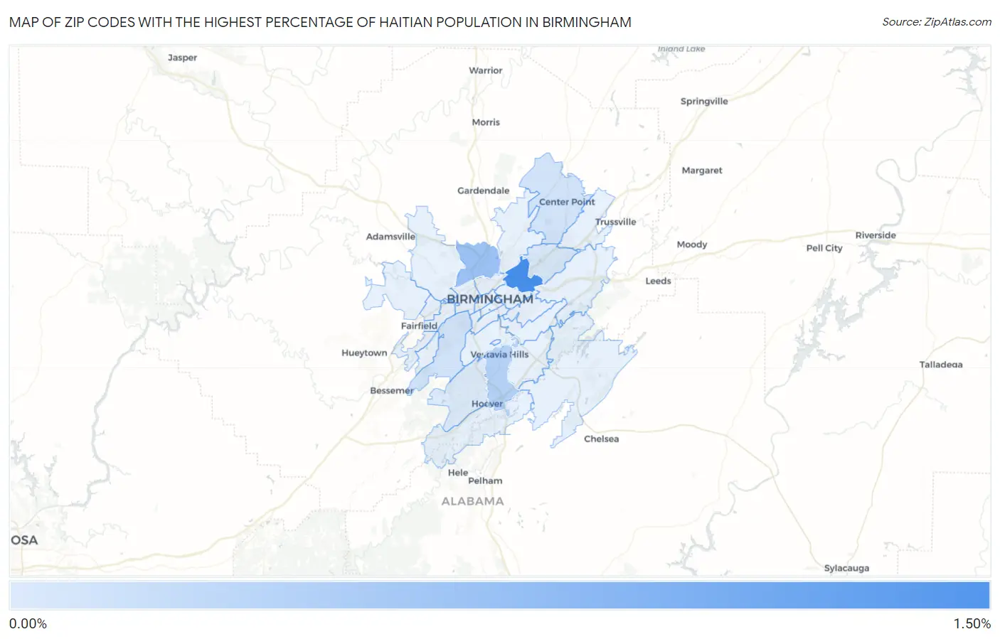 Zip Codes with the Highest Percentage of Haitian Population in Birmingham Map