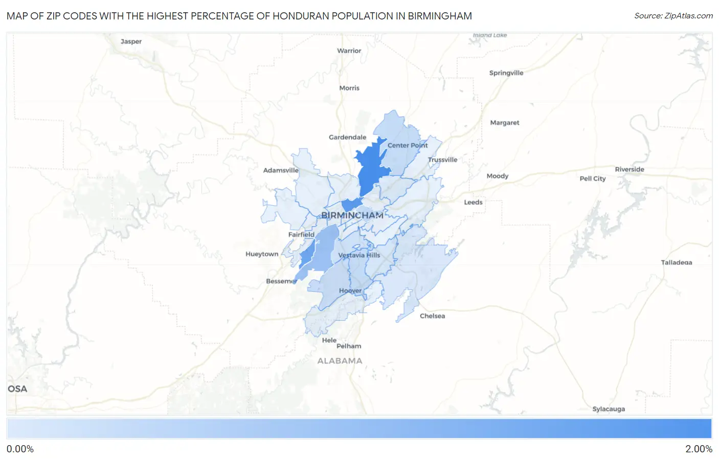 Zip Codes with the Highest Percentage of Honduran Population in Birmingham Map