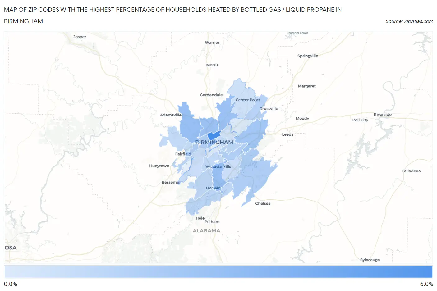 Zip Codes with the Highest Percentage of Households Heated by Bottled Gas / Liquid Propane in Birmingham Map