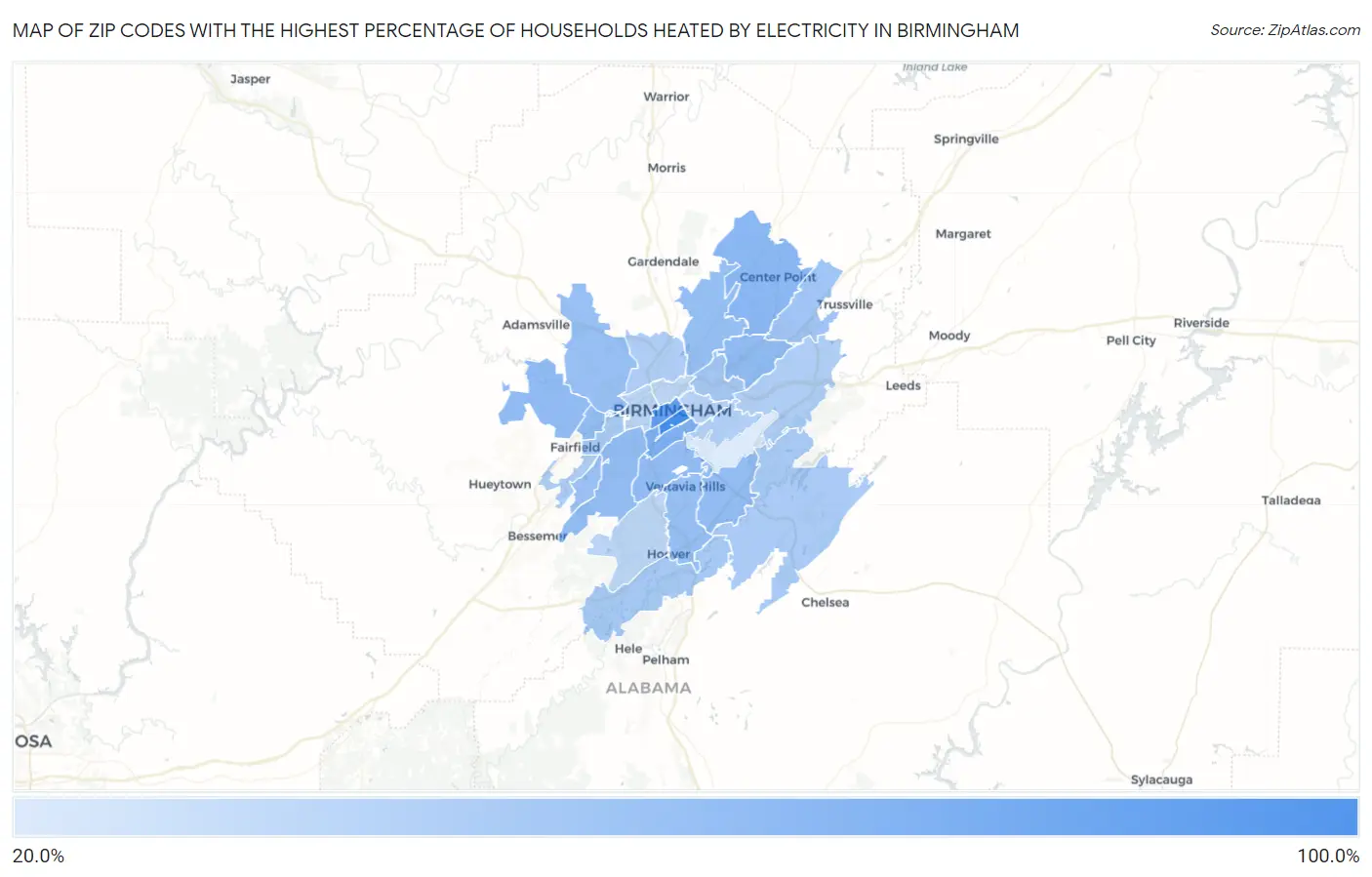 Zip Codes with the Highest Percentage of Households Heated by Electricity in Birmingham Map