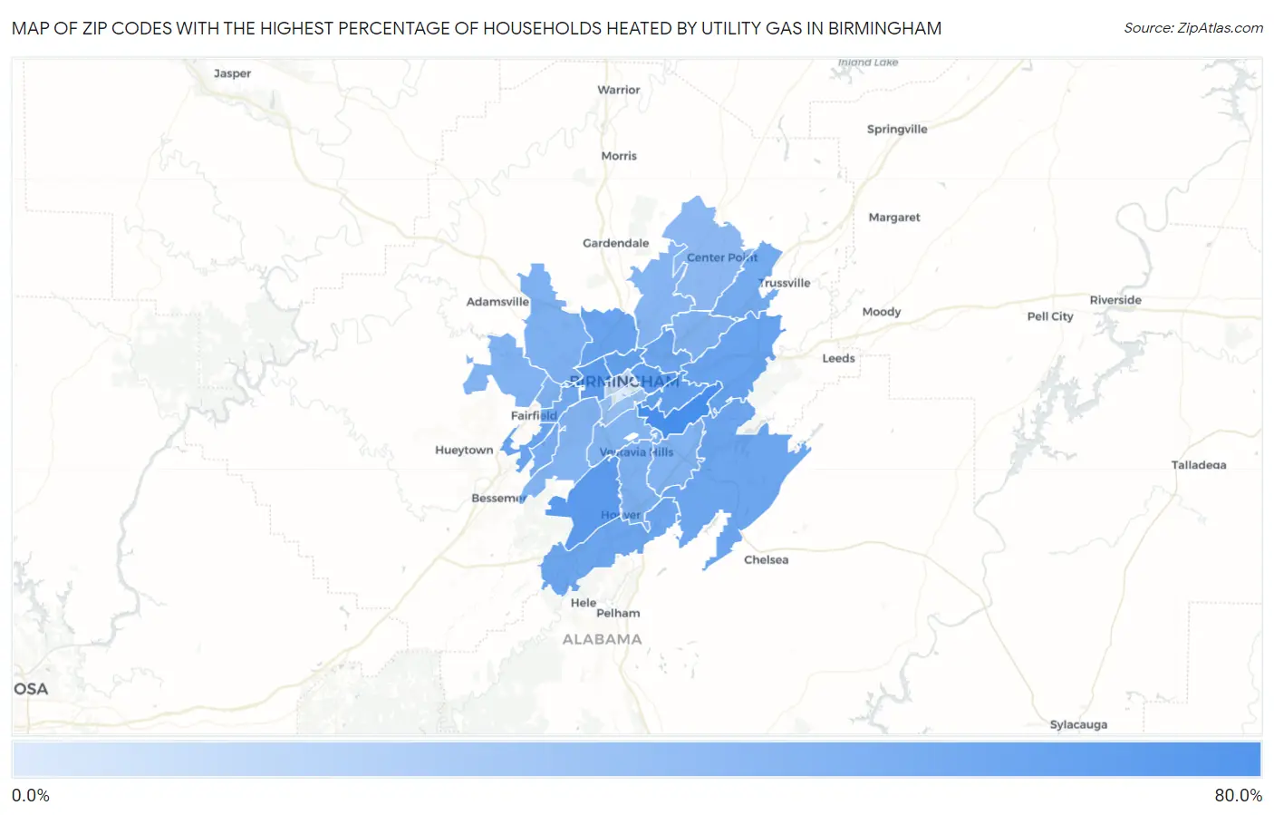 Zip Codes with the Highest Percentage of Households Heated by Utility Gas in Birmingham Map