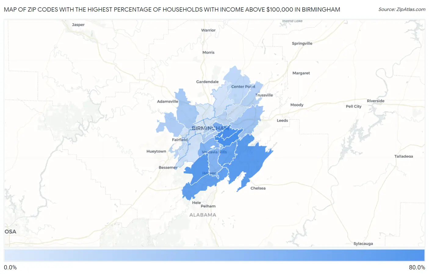 Zip Codes with the Highest Percentage of Households with Income Above $100,000 in Birmingham Map