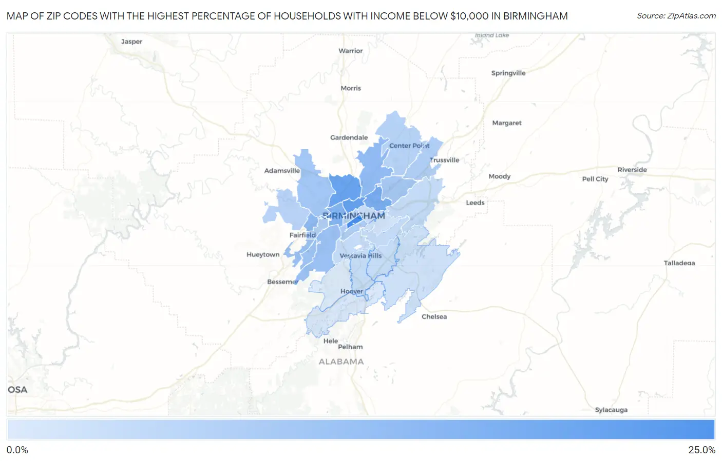Zip Codes with the Highest Percentage of Households with Income Below $10,000 in Birmingham Map