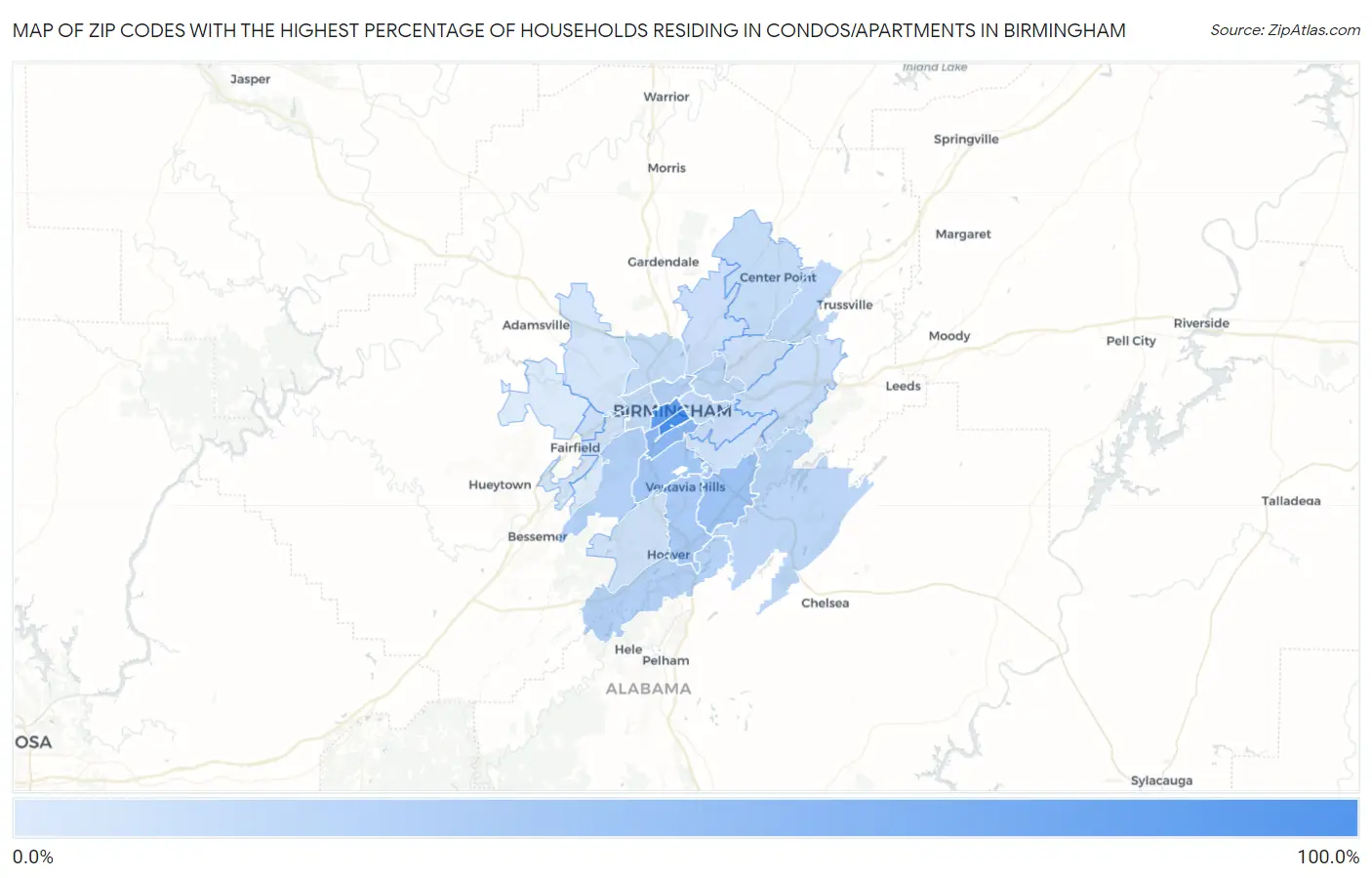 Zip Codes with the Highest Percentage of Households Residing in Condos/Apartments in Birmingham Map