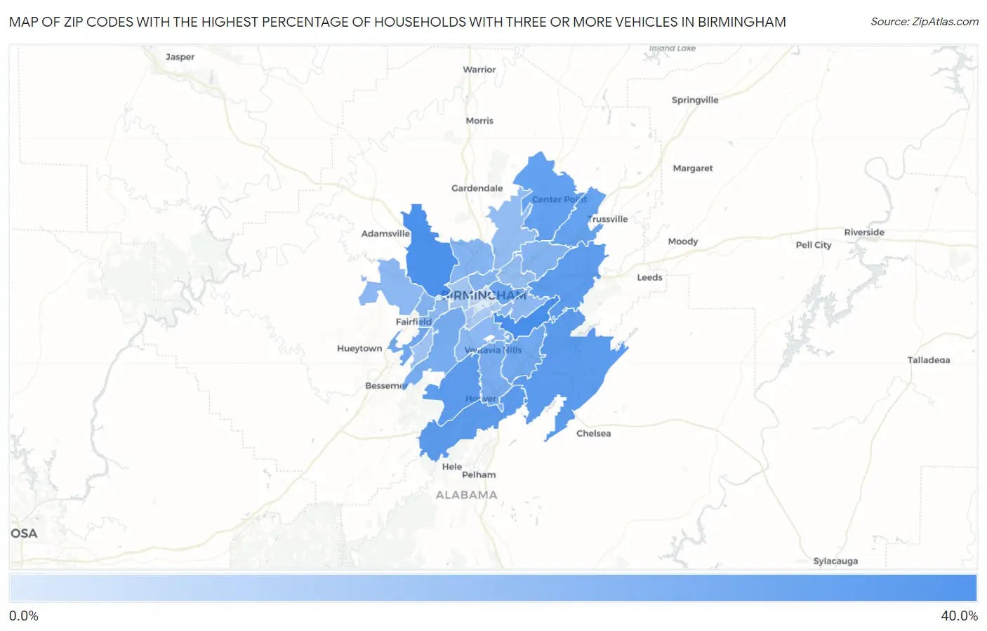 Zip Codes with the Highest Percentage of Households With Three or more Vehicles in Birmingham Map