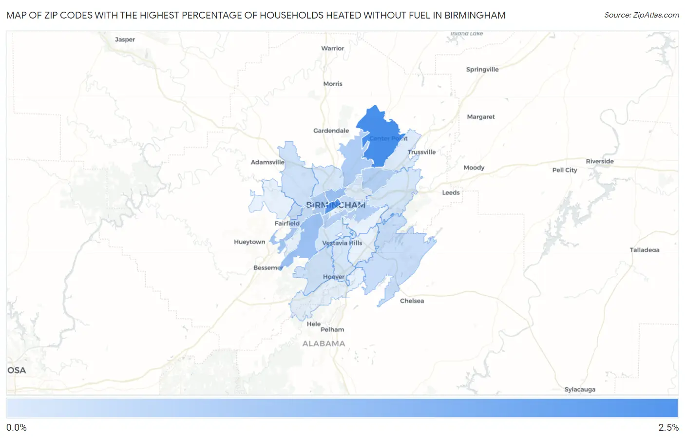 Zip Codes with the Highest Percentage of Households Heated without Fuel in Birmingham Map